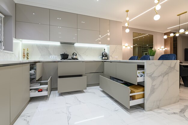 Different modular kitchen layouts like L shape and U shape